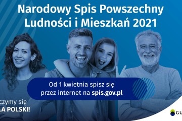 Banner informacyjny o Narodowym Spisie Powszechnym, osoby na niebieskim tle, napis "wejdź na spis.gov.pl i spisz się! Spis trwa od 1 kwietnia",